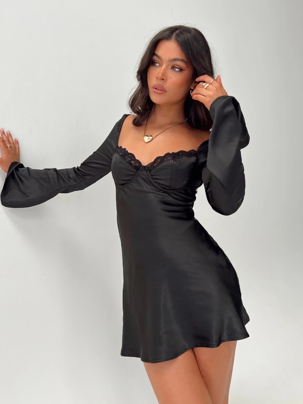 Princess Polly Moniz Long Sleeve Mini Dress Satin Lace Bustier Black Size 2